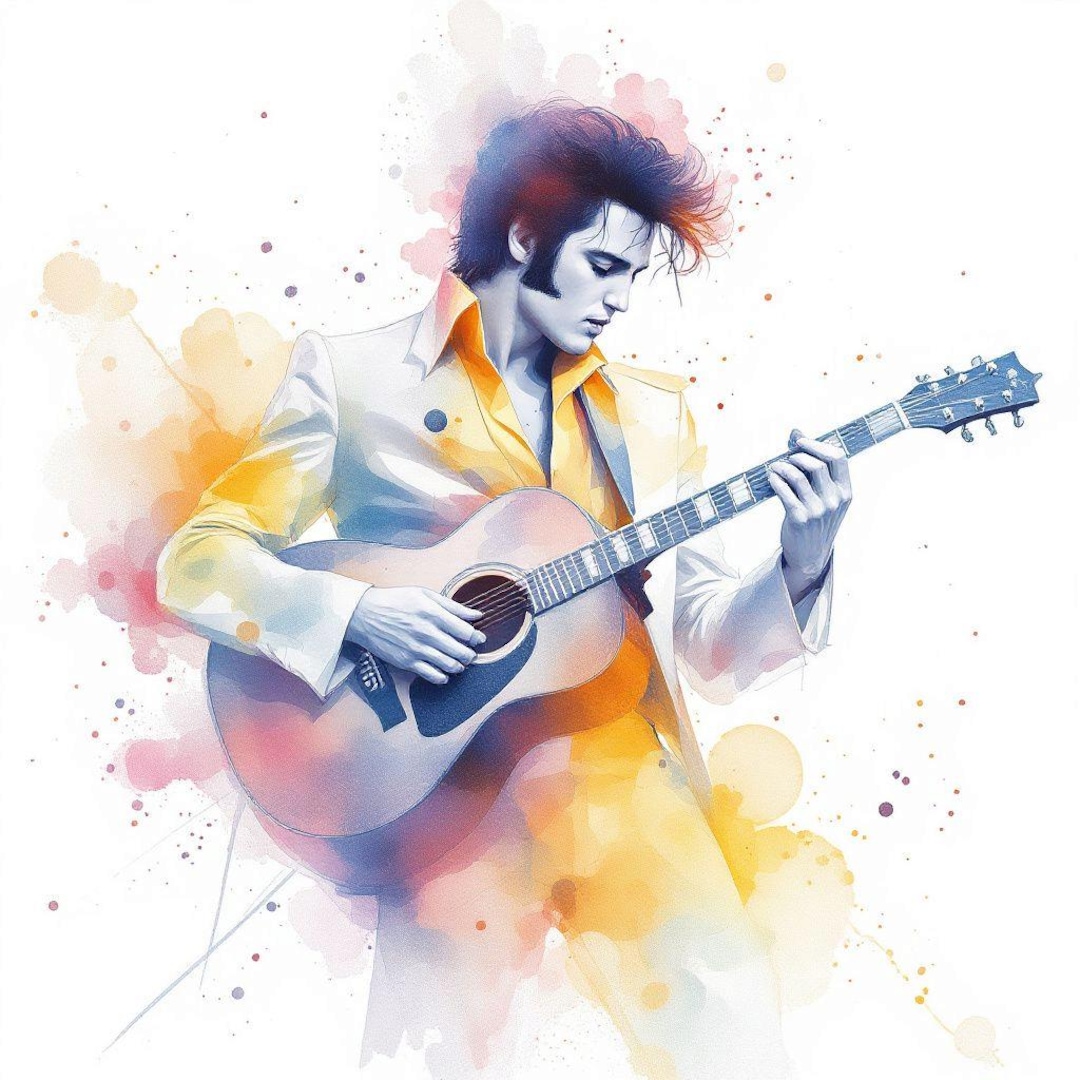 エルヴィス・プレスリーの水彩画アートプリント：レトロミュージック