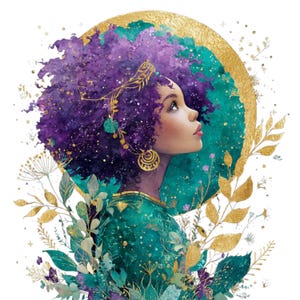 May include: Watercolor illustration of a woman with purple hair and a teal and gold dress. She is looking up, framed by a gold circle and surrounded by gold and teal foliage. The artwork has a dreamy, ethereal quality.