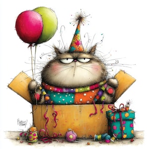 Pode incluir: Um gato de desenho animado rabugento usando um chapéu de festa e roupas de retalhos coloridas está sentado em uma caixa de papelão, segurando dois balões. Uma caixa de presente embrulhada e decorações de festa também estão presentes, criando um tema de aniversário festivo.