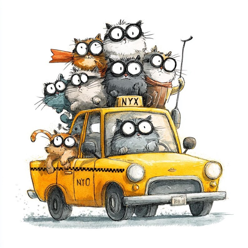 K&ouml;nnte beinhalten: Eine skurrile Illustration eines gelben Taxi-Taxis, das mit Zeichentrickkatzen gef&uuml;llt ist, die gro&szlig;e, runde Brillen tragen. Die Katzen sind auf dem Dach und im Inneren des Autos gestapelt, mit dem Wort "NYX" auf dem Dach und "NYO" an der Seite.