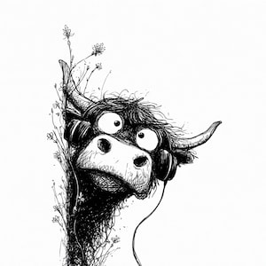 May include: A quirky black and white drawing of a bull with headphones. The bull has a startled expression and large eyes. Fine floral details are drawn around the bull's head, adding a natural element to the design.