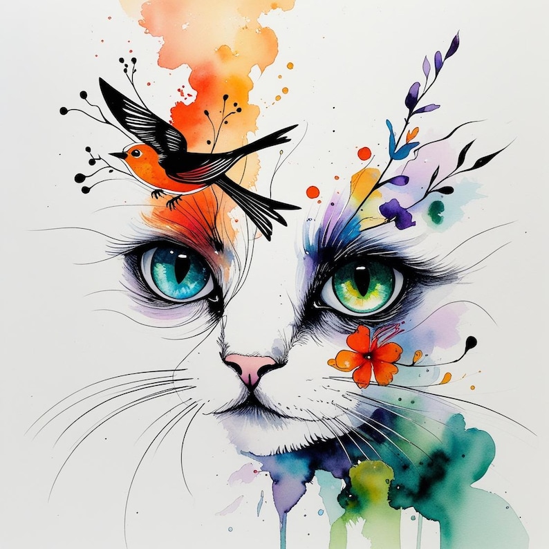 May include: A watercolour illustration of a white cat's face with striking blue and green eyes. An orange and black bird flies above the cat's head, with colourful floral accents and watercolour splashes.