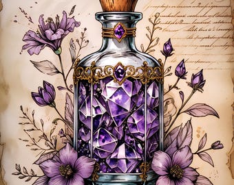 Può includere: Una bottiglia di vetro decorativa piena di cristalli viola, ornata da filigrana dorata e un tappo di legno. La bottiglia è circondata da fiori viola ed elementi botanici, su uno sfondo di pergamena vintage.