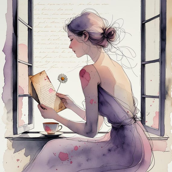 水彩画で読書をする女性のイラスト10選：ヴィンテージな窓辺の風景
