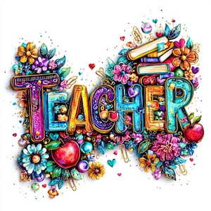 May include: A colorful illustration spells out the word "TEACHER" in vibrant, 3D letters. The letters are surrounded by flowers, apples, books, and hearts. The color palette includes blues, purples, oranges, and greens, creating a cheerful and celebratory design.
