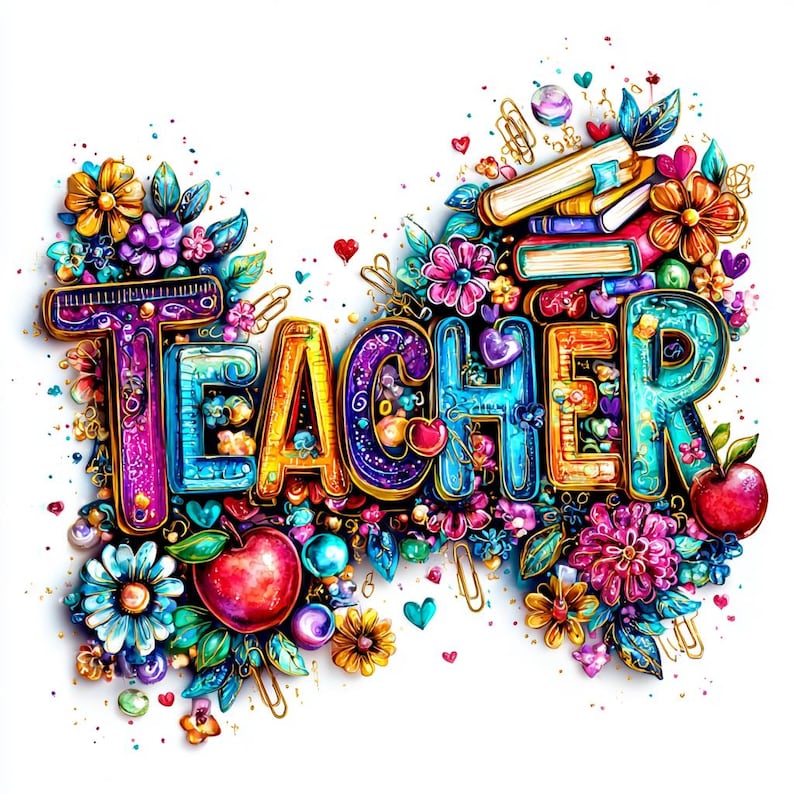 May include: A colorful illustration spells out the word "TEACHER" in vibrant, 3D letters. The letters are surrounded by flowers, apples, books, and hearts. The color palette includes blues, purples, oranges, and greens, creating a cheerful and celebratory design.