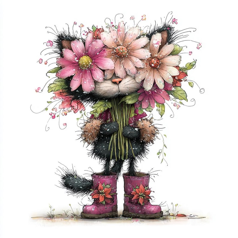 May include: A charming illustration of a black cat holding a bouquet of flowers. The cat's head is decorated with large pink and peach flowers. It wears pink wellington boots with red flower details and holds a bundle of green stems. The background is white.