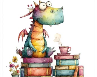 May include: Watercolor illustration of a friendly dragon with large eyes, sitting atop a stack of colorful books. The dragon is multi-colored with orange, blue, and green hues. A teacup sits on a stack of books, and a small potted plant is to the left.