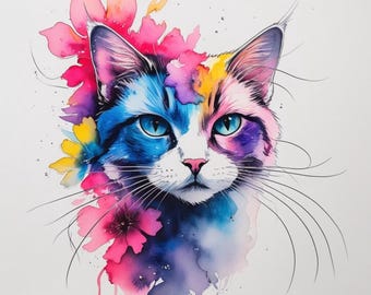 May include: Watercolor painting of a cat's face with vibrant colors. The cat's fur is a mix of blue, pink, and yellow, with bright blue eyes and a pink nose. Pink and yellow flowers are around the cat's head, creating a whimsical effect.