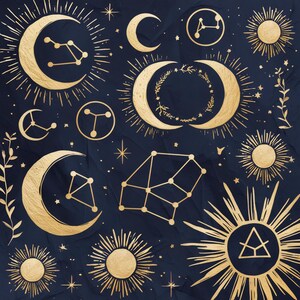 以下が含まれることがあります： 暗い青色の背景に、金色の天体イラストが描かれています。月、星、太陽、星座が描かれており、天体モチーフのクラフトプロジェクトに最適です。