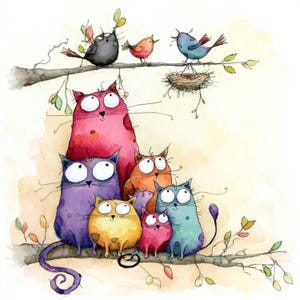 以下が含まれることがあります： 木の枝に止まっている猫と鳥の家族を描いた水彩イラスト。猫はピンク、紫、オレンジ、黄色、青など様々な色で描かれています。鳥は黒、オレンジ、青です。巣も描かれています。