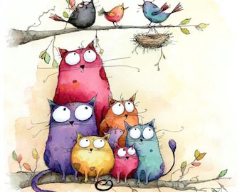 25 Watercolor Quirky Cat Clipart (JPG) : Colorful Tree Cats for Digital Crafts & Gifts