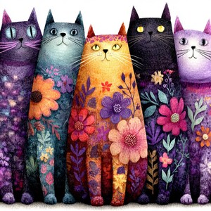 Pode incluir: Cinco ilustra&ccedil;&otilde;es de gatos caprichosos com padr&otilde;es florais. Os gatos s&atilde;o em v&aacute;rias cores, incluindo roxo, azul, laranja, preto e lavanda. Cada gato &eacute; adornado com flores e folhagens coloridas, criando uma composi&ccedil;&atilde;o vibrante e art&iacute;stica.