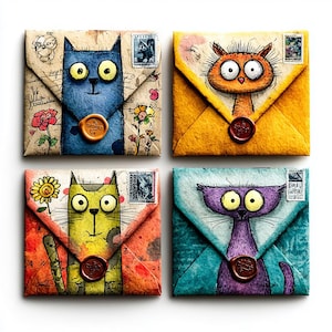Puede incluir: Cuatro sobres cuadrados y coloridos con ilustraciones de gatos de dibujos animados. Cada sobre presenta un diseño de gato diferente en azul, naranja, verde y morado, con ojos grandes y un sello de cera. Los sobres están decorados con sellos y detalles florales.