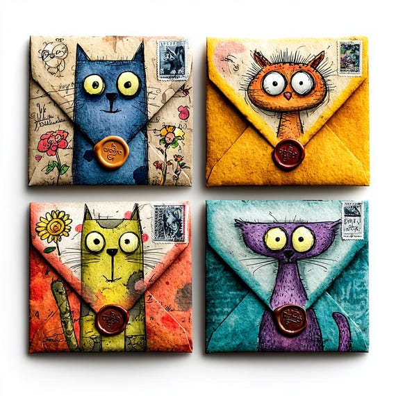 100+ Whimsical Cat Envelope Ephemera, Junk Journal Clipart, Vintage Mail Illustration Set