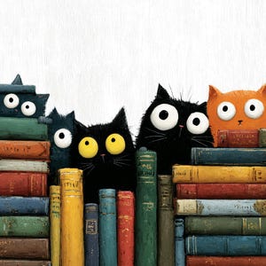 May include: A whimsical illustration features a stack of colorful books with several cartoon cats peeking over the top. The cats have large eyes and varying colors, including black and orange. The books are in various colors.
