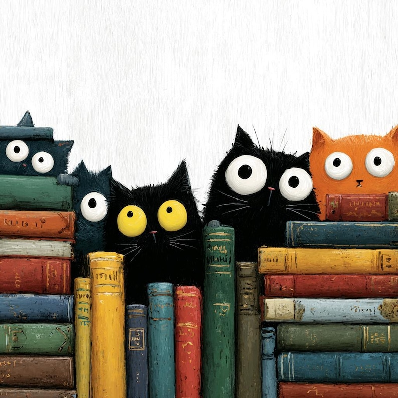 May include: A whimsical illustration features a stack of colorful books with several cartoon cats peeking over the top. The cats have large eyes and varying colors, including black and orange. The books are in various colors.