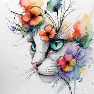 May include: A watercolour illustration of a cat's face, featuring striking teal eyes and a pink nose. The cat is decorated with colourful flowers and watercolour paint splatters in orange, red, purple, and green, creating a whimsical and artistic design.
