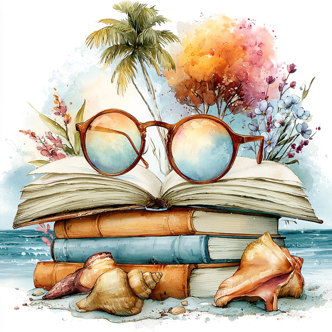 20 Boho Beach Books Clipart PNG | Watercolor Summer Reading | Coastal ...