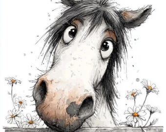 May include: Whimsical illustration of a horse with large, expressive eyes and a curious expression. The horse's face is white with a brown nose and black mane. Daisies bloom in the foreground, and the horse is peeking over a wooden fence.