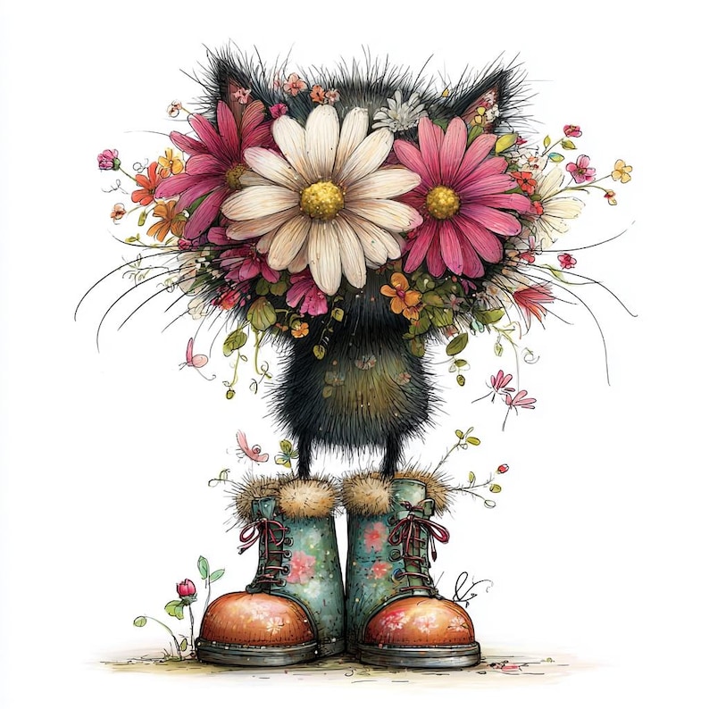 May include: A charming watercolour illustration of a black, furry character adorned with a floral headdress, sporting teal boots with floral designs and brown soles. The flowers feature white, pink, and orange hues. The artwork has a whimsical style.