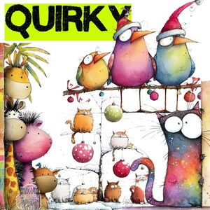 May include: A colourful illustration with the word "QUIRKY" in black on a green background. The image depicts cartoon birds in Santa hats, cats, and other animals, with Christmas decorations and a snowy scene.