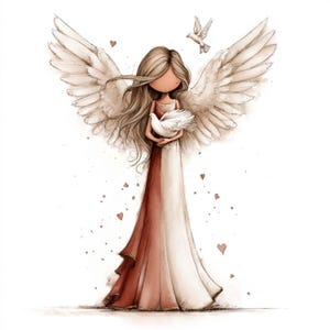 May include: A watercolour illustration of an angel with long, flowing brown hair and large, feathered wings. The angel is wearing a long dress in shades of red and white and holding a white dove. Small red hearts are scattered around the angel and a dove is flying above.