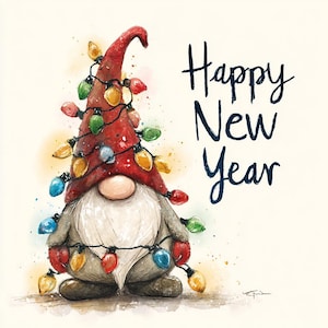 May include: Watercolor illustration of a gnome wearing a red hat and holding colorful Christmas lights. The gnome has a long white beard and is smiling. The words "Happy New Year" are written in dark blue script.