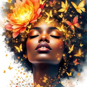 May include: Digital art portrait of a woman with closed eyes, adorned with a large orange flower and butterflies. The woman has dark skin, dark curly hair, and a soft, glowing complexion. Butterflies and floral elements surround her head.