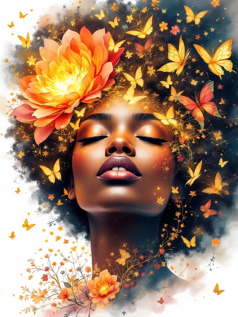 May include: Digital art portrait of a woman with closed eyes, adorned with a large orange flower and butterflies. The woman has dark skin, dark curly hair, and a soft, glowing complexion. Butterflies and floral elements surround her head.