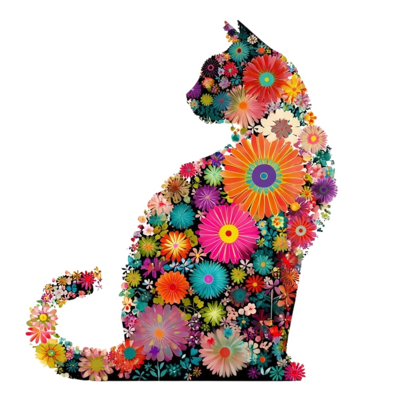May include: A colorful cat silhouette filled with various flowers in shades of orange, pink, blue, and purple. The cat is sitting, with its tail curled. The background is white, highlighting the vibrant floral design.