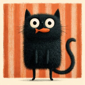 May include: A cartoon-style image of a black cat with big eyes, holding a small orange fish. The cat has a fluffy coat and is set against a background of orange and white vertical stripes. The cat's tail is curled.