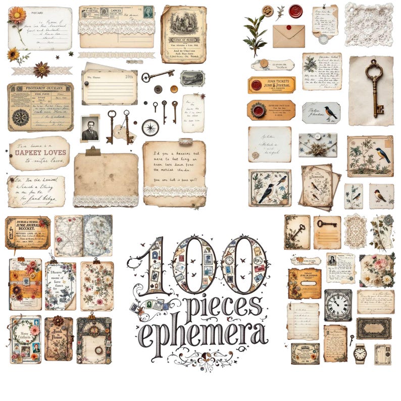 Vintage Ephemera Clipart: 100 Junk Journal Stamps & Tickets (digital ...