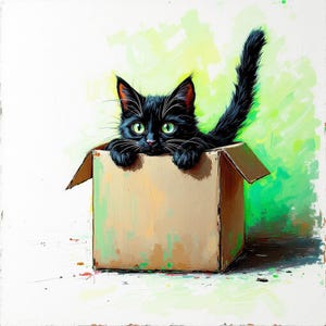 May include: A black cat with green eyes peeks out of a cardboard box. The cat's fur is glossy, and its tail is arched. The box is a light brown color, and the background is a mix of white and green.