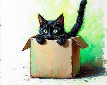 Watercolor Black Cat Clipart: Abstract Cat in Box, 15 PNG/JPG Images