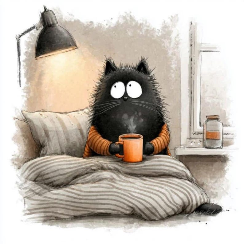12 Mysig svart katt, akvarell clipart digital nedladdning bild 6
