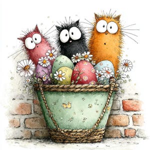 Puede incluir: Una ilustración caprichosa presenta tres gatos de dibujos animados asomándose por encima de una cesta llena de huevos de Pascua decorados y margaritas. Los gatos son rosas, negros y naranjas, con ojos grandes. La cesta verde tiene un diseño tejido, contra una pared de ladrillos.