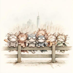 K&ouml;nnte beinhalten: Aquarellillustration von sieben Superhelden-Katzen, die auf einem Holzzaun sitzen, mit einer Skyline im Hintergrund. Jede Katze tr&auml;gt ein einzigartiges Kost&uuml;m, einen Umhang und eine Maske. Die Farbpalette ist weich, mit ged&auml;mpften T&ouml;nen von Grau, Braun und Orange.