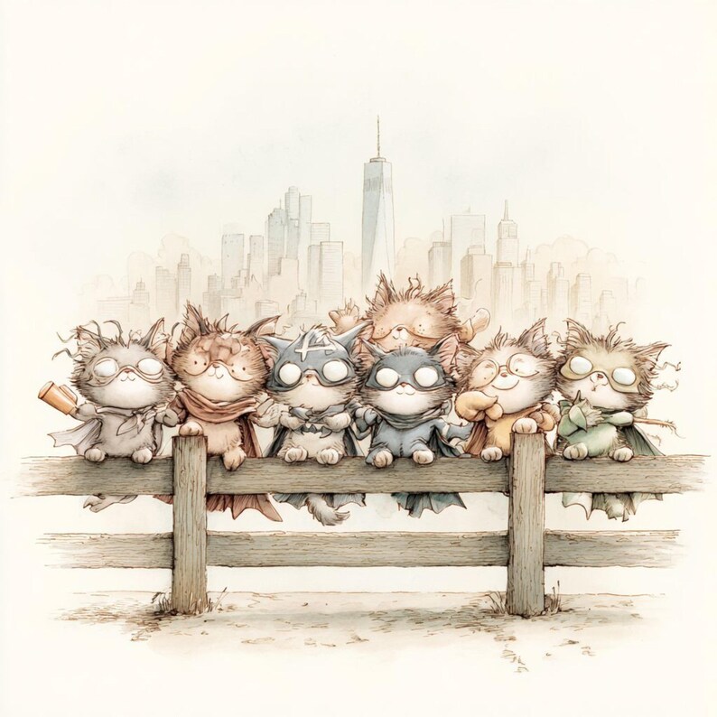 K&ouml;nnte beinhalten: Aquarellillustration von sieben Superhelden-Katzen, die auf einem Holzzaun sitzen, mit einer Skyline im Hintergrund. Jede Katze tr&auml;gt ein einzigartiges Kost&uuml;m, einen Umhang und eine Maske. Die Farbpalette ist weich, mit ged&auml;mpften T&ouml;nen von Grau, Braun und Orange.