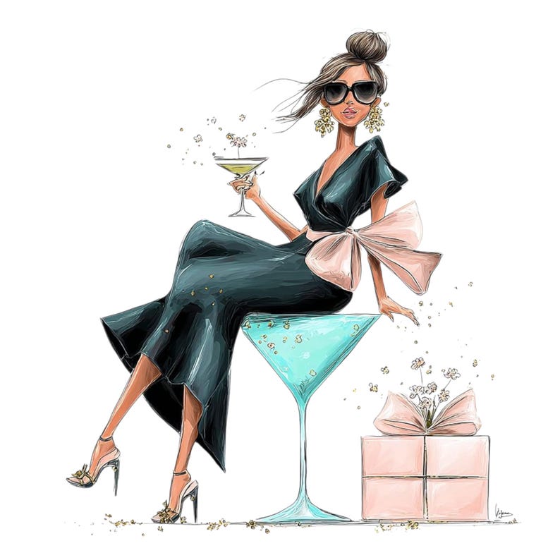 May include: Illustration of a woman in a dark teal dress with a large pink bow, seated on a giant turquoise martini glass. She wears sunglasses and gold earrings, holding a martini. A pink gift box with a bow is nearby.