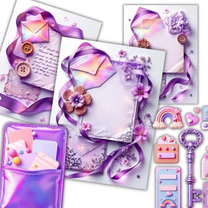 14 Purple Junk Journal Ephemera  - Iridescent Floral Digital Clipart Kit - Whimsical Lavender Paper Craft - Commercial Use, Digital Download