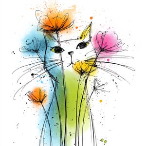 Puede incluir: Ilustración caprichosa de un gato rodeado de flores coloridas. El gato está dibujado con líneas negras, y las flores son en tonos naranja, rosa y amarillo. Salpicaduras de acuarela azul y verde añaden al efecto artístico.