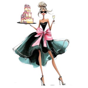 May include: Illustration of a woman in a black dress with a large pink bow, holding a tray with a tiered cake and a glass of champagne. She wears sunglasses and high heels. The artwork has a fashion illustration style.