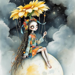 以下が含まれることがあります： 長い黒髪、花の冠、パッチワークのドレスを着た人形のような姿の気まぐれなイラスト。 三日月の上に座り、星空を背景に、紐で吊るされた大きな黄色の花が上にあります。