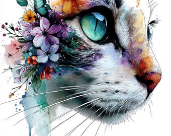 May include: Watercolor illustration of a cat's profile, featuring vibrant colors and floral accents. The cat has striking turquoise eyes and is adorned with a bouquet of flowers, including orange, purple, and red blooms, and a blue butterfly.