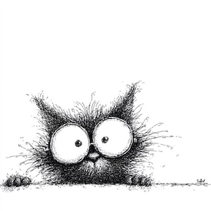 May include: A monochrome illustration of a cat wearing large, round spectacles. The cat has a fluffy, textured coat and is peering over a white surface. The cat's eyes are large and expressive, and the drawing style is whimsical and detailed.