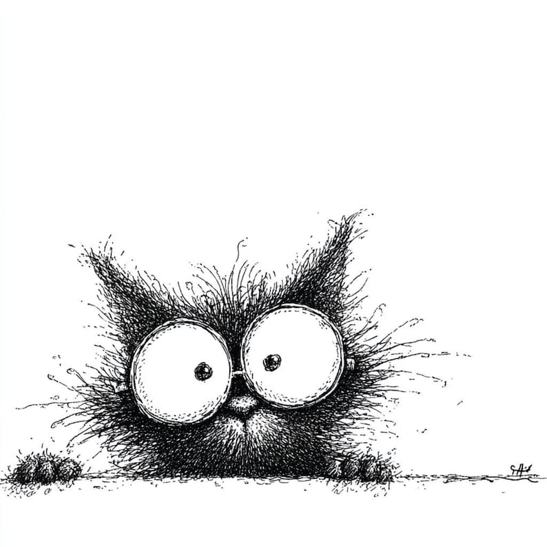 May include: A monochrome illustration of a cat wearing large, round spectacles. The cat has a fluffy, textured coat and is peering over a white surface. The cat's eyes are large and expressive, and the drawing style is whimsical and detailed.