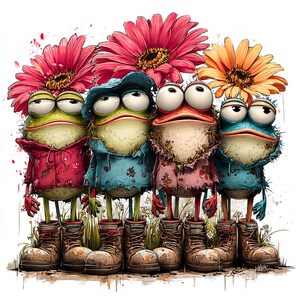 May include: A whimsical illustration of four cartoon frogs, each with large, expressive eyes and wearing colorful outfits. They stand in front of vibrant pink and orange flowers, with each frog sporting a unique expression and wearing work boots.