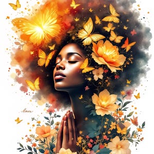 May include: Digital art of a woman with closed eyes, adorned with golden butterflies and flowers. The artwork features a warm color palette of orange, yellow, and brown, with the woman's hands clasped in prayer. The overall theme is one of beauty and serenity.
