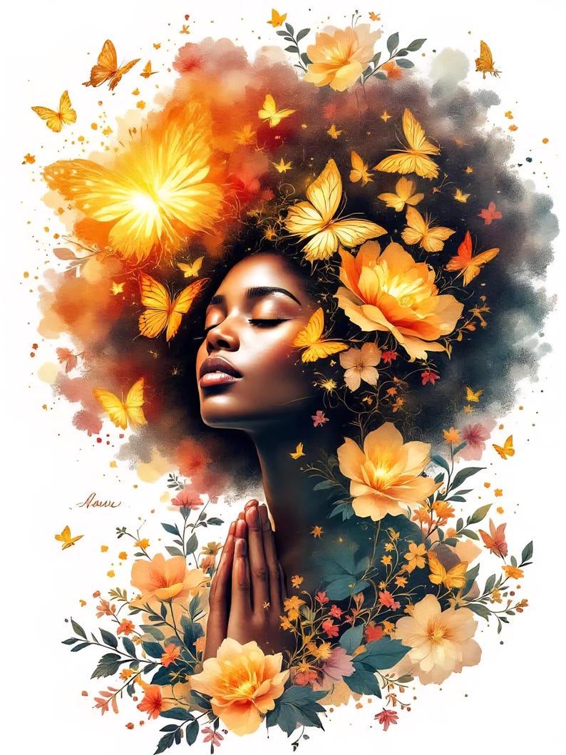 May include: Digital art of a woman with closed eyes, adorned with golden butterflies and flowers. The artwork features a warm color palette of orange, yellow, and brown, with the woman's hands clasped in prayer. The overall theme is one of beauty and serenity.